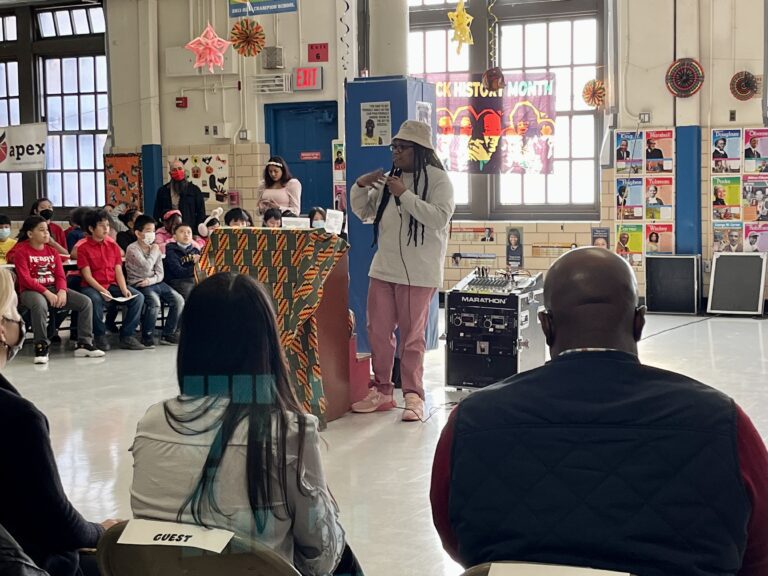Roya Marsh Introducing students to the audience during the culmination Open Mic at P.S. 1 in Lower Manhattan