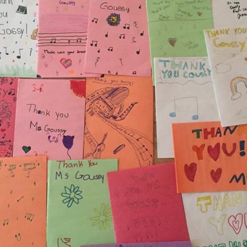 Thank you notes to Ms. Goussy from class 3-304 at P.S. 69 after an interview with her on her family's migration story with City Lore's What We Bring grant.